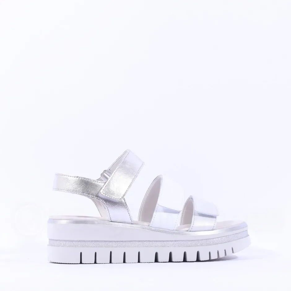 Women Gabor Alfa Triple Velcro Platform Sandal - White Silver