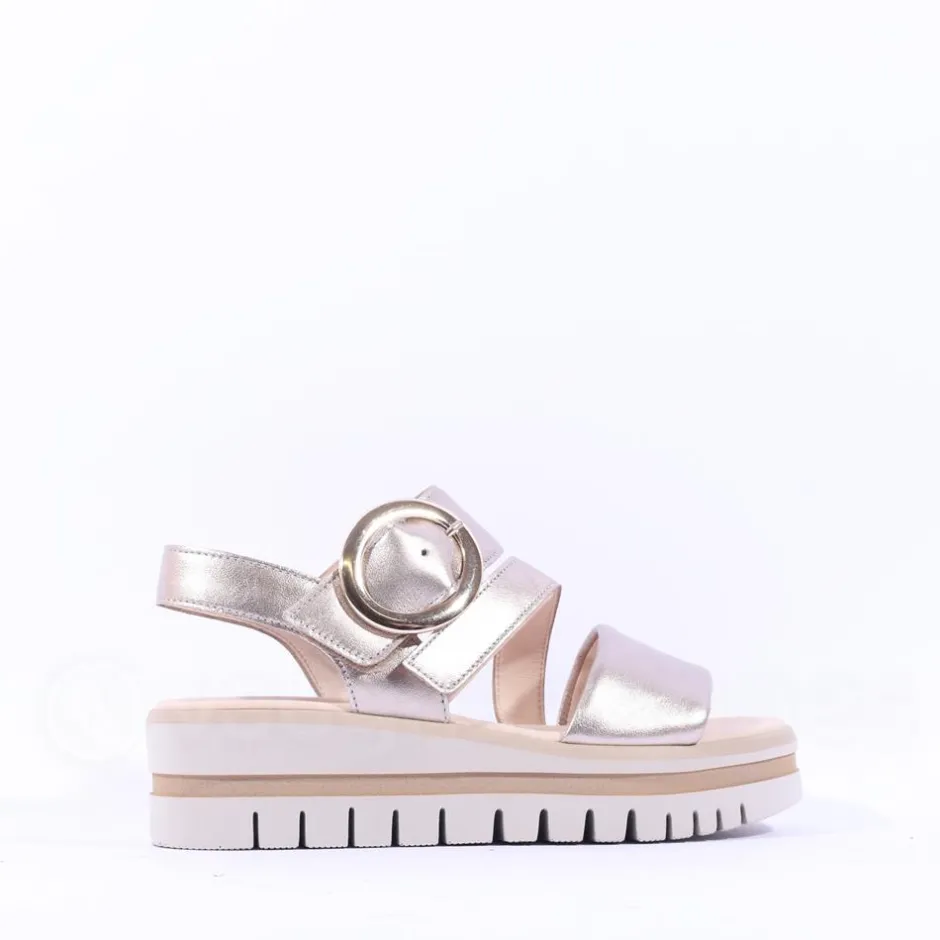 Women Gabor Amarillo Ring Buckle Platform Sand - Gold Leather