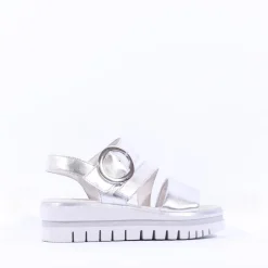 Women Gabor Amarillo Ring Buckle Platform Sand - Silver Leather