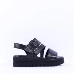 Women Gabor Amarillo Ring Buckle Platform Sand - Black Leather