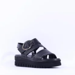 Women Gabor Amarillo Ring Buckle Platform Sand - Black Leather