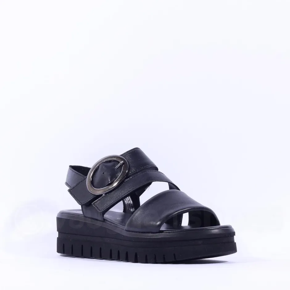 Women Gabor Amarillo Ring Buckle Platform Sand - Black Leather