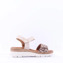 Women Tamaris Andira 2 Velcro Strap Low Sandal - Ivory Leopard Combi