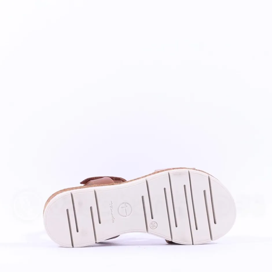 Women Tamaris Andira 2 Velcro Strap Low Sandal - Cognac Combi