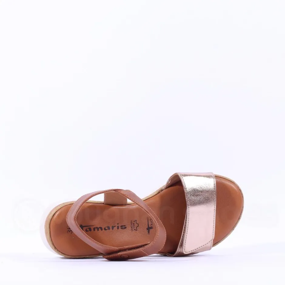Women Tamaris Andira 2 Velcro Strap Low Sandal - Cognac Combi