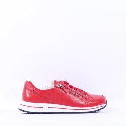 Women Ara Osaka Comfort Laced Trainer Side Zip - Red Leather