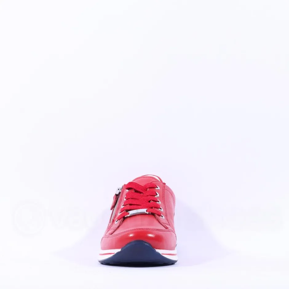 Women Ara Osaka Comfort Laced Trainer Side Zip - Red Leather