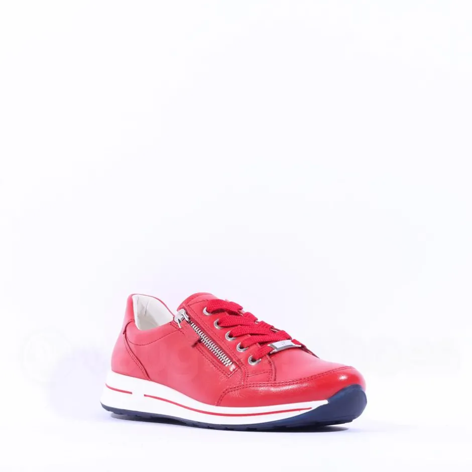 Women Ara Osaka Comfort Laced Trainer Side Zip - Red Leather