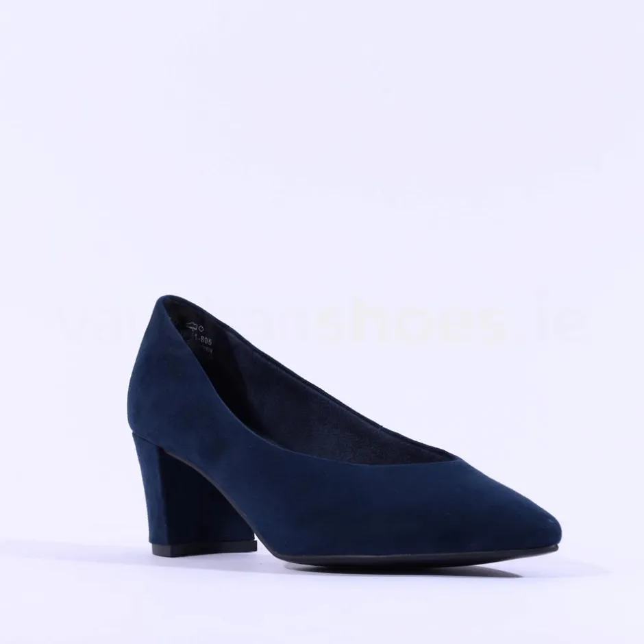 Women Marco Tozzi Baci V Cut Block Heel Court - Navy