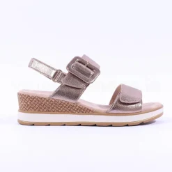 Women Caprice Bernadette Wedge Buckle Sandal - Taupe Metallic