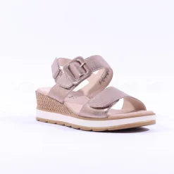 Women Caprice Bernadette Wedge Buckle Sandal - Taupe Metallic