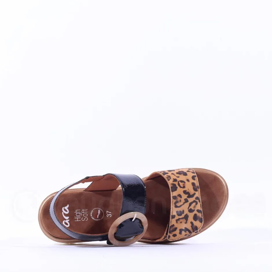 Women Ara Bilbao Twin Velcro Wedge Sandal - Black Leopard Combi
