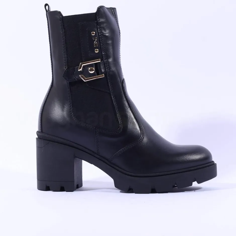 Women NeroGiardini Block Heel Gusset Boot - Black Gold Leather