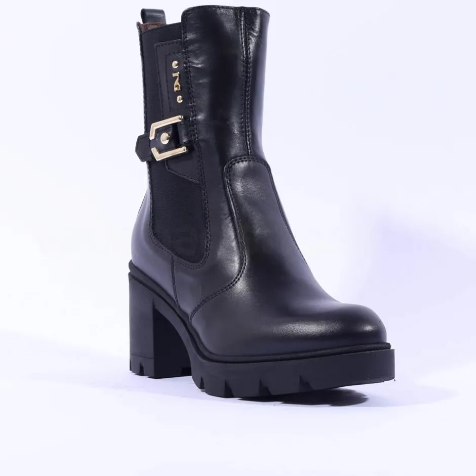 Women NeroGiardini Block Heel Gusset Boot - Black Gold Leather