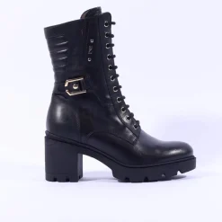 Women NeroGiardini Block Heel Laced Ankle Boot - Black Gold Leather