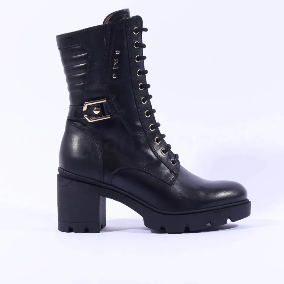 Women NeroGiardini Block Heel Laced Ankle Boot - Black Gold Leather