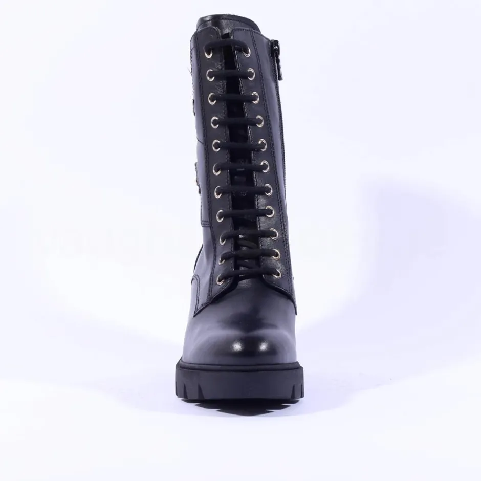 Women NeroGiardini Block Heel Laced Ankle Boot - Black Gold Leather