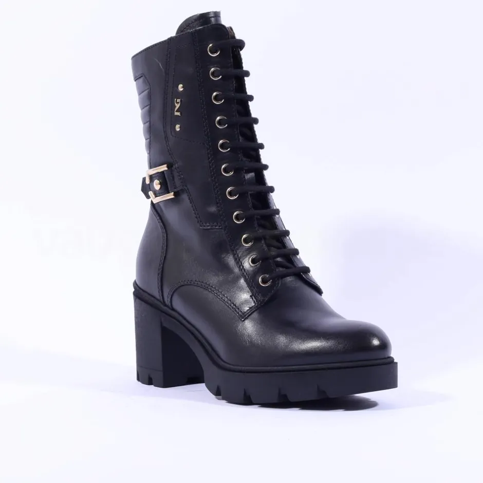 Women NeroGiardini Block Heel Laced Ankle Boot - Black Gold Leather
