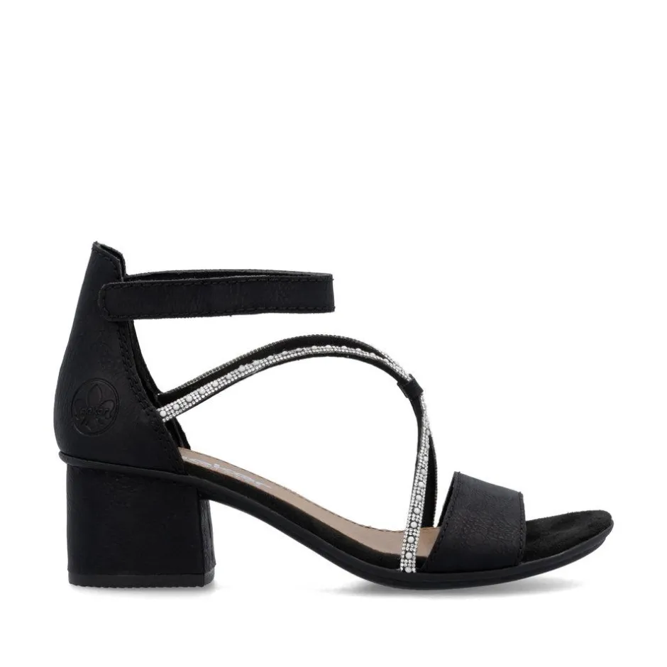 Women Rieker Block Heel Strappy Sandal - Black Sparkle