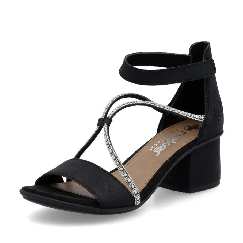 Women Rieker Block Heel Strappy Sandal - Black Sparkle