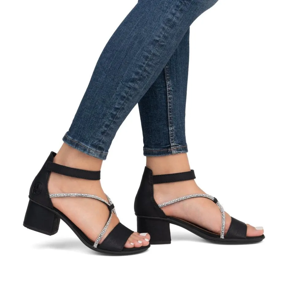 Women Rieker Block Heel Strappy Sandal - Black Sparkle