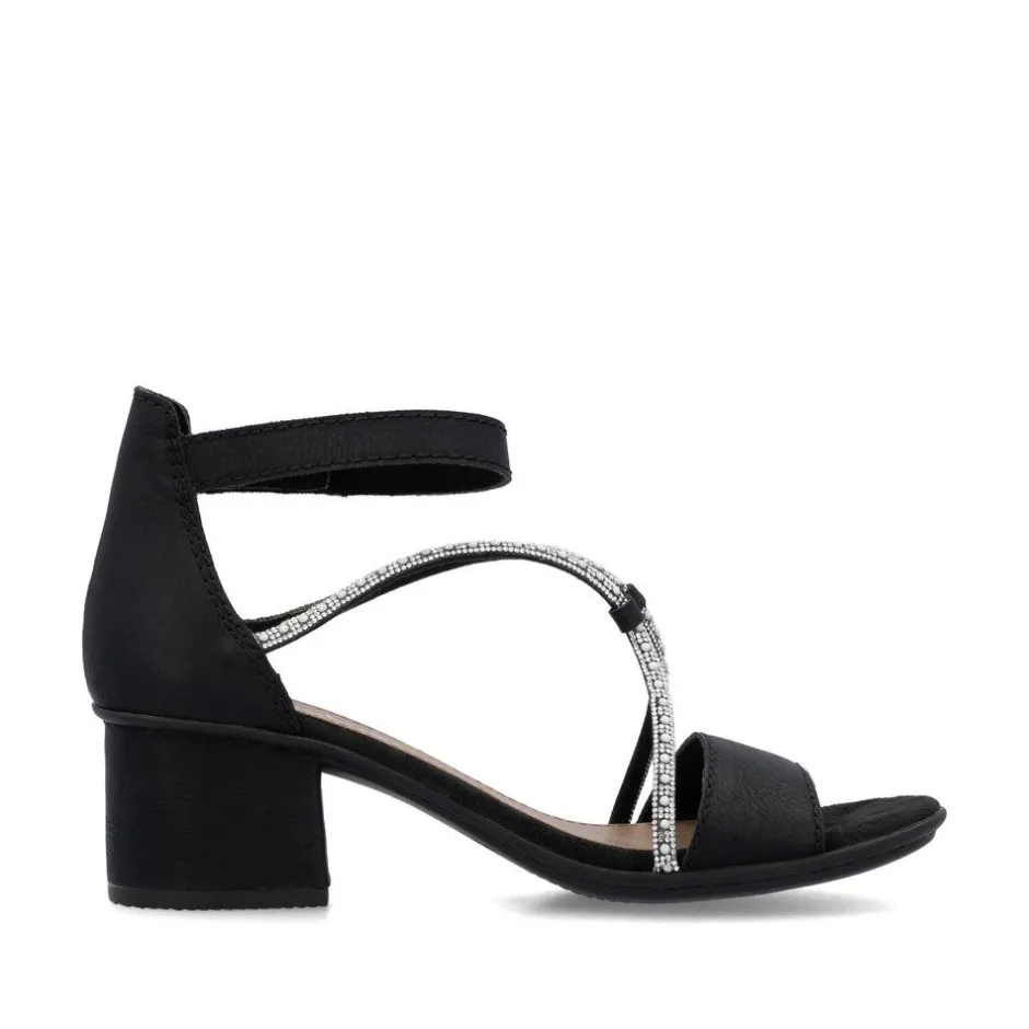 Women Rieker Block Heel Strappy Sandal - Black Sparkle