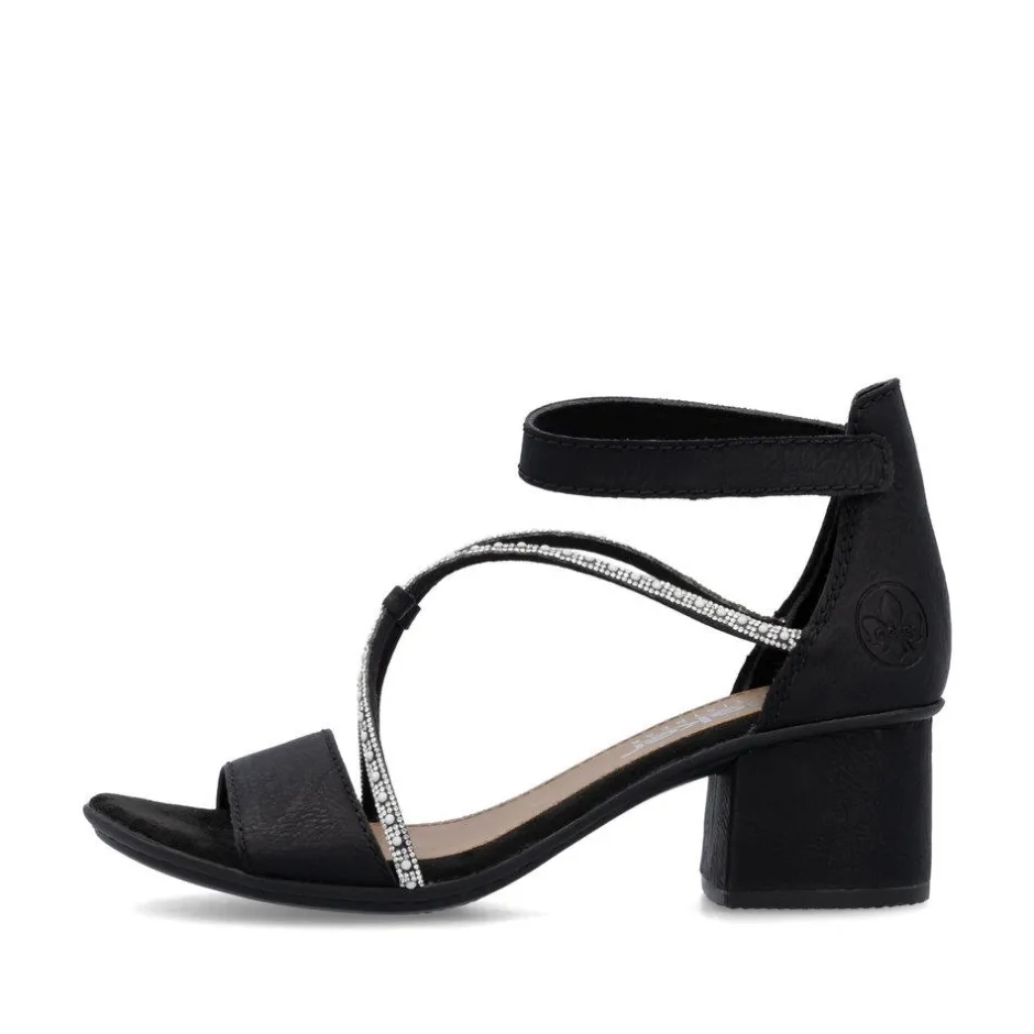 Women Rieker Block Heel Strappy Sandal - Black Sparkle