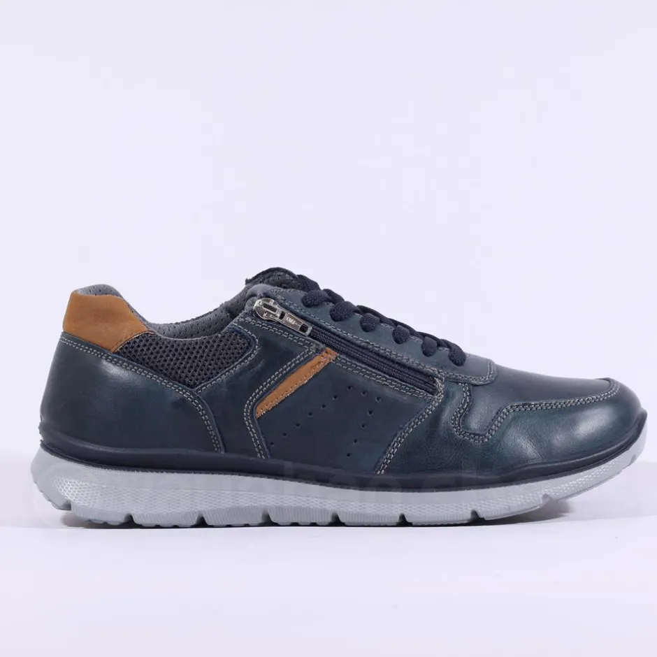 IMAC Bologna Laced Shoe With Side Zip - Navy Tan Leather