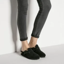 Women Birkenstock Boston Shearling Slipper - Black Suede