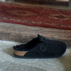 Women Birkenstock Boston Shearling Slipper - Black Suede
