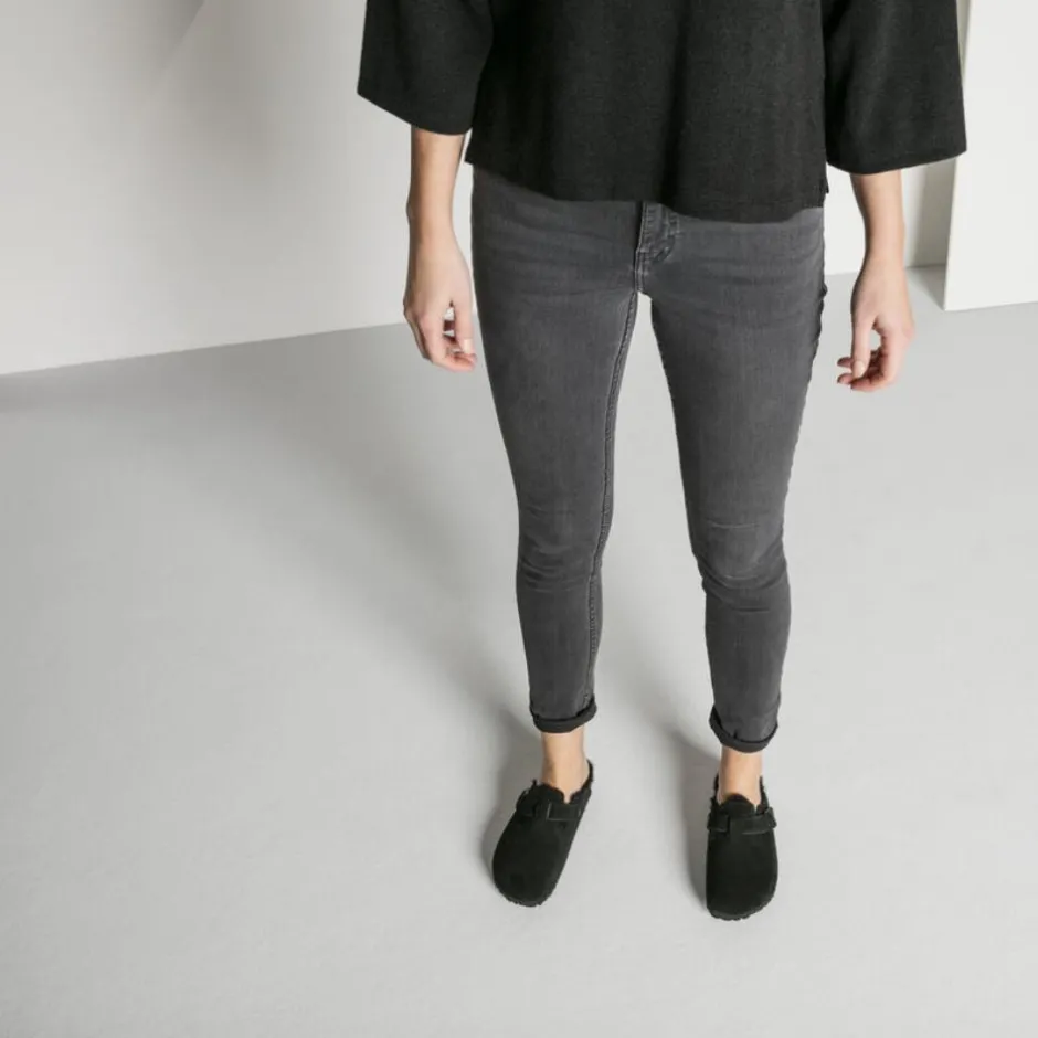 Women Birkenstock Boston Shearling Slipper - Black Suede