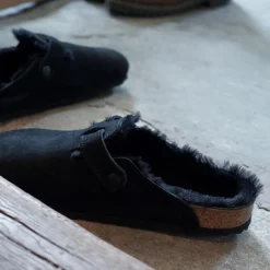 Women Birkenstock Boston Shearling Slipper - Black Suede