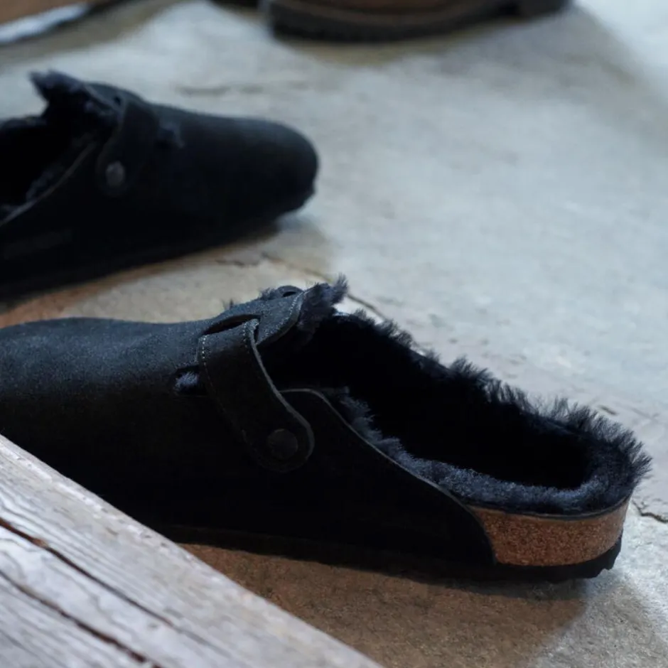 Women Birkenstock Boston Shearling Slipper - Black Suede