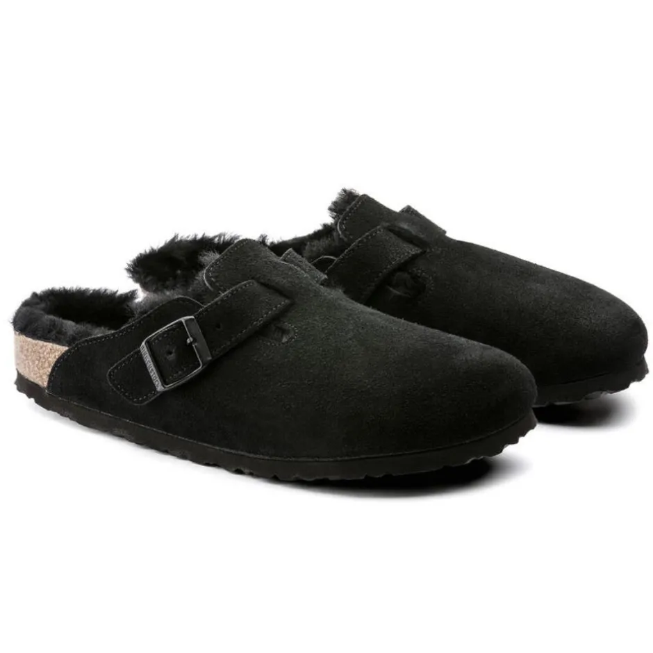 Women Birkenstock Boston Shearling Slipper - Black Suede