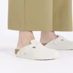 Women Birkenstock Boston Soft Footbed Suede - Antique White