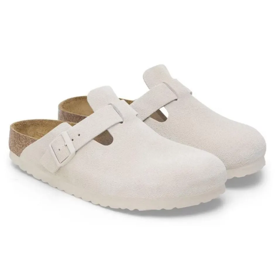 Women Birkenstock Boston Soft Footbed Suede - Antique White