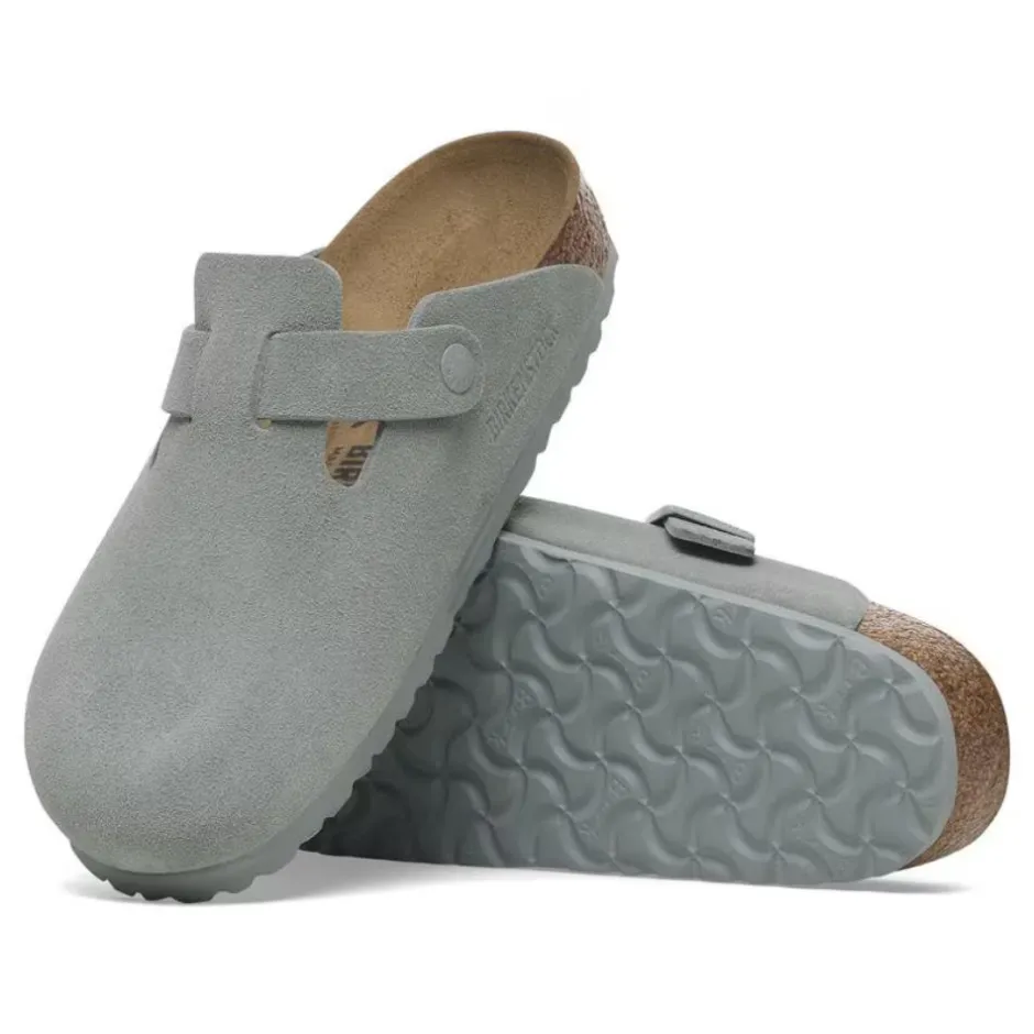 Women Birkenstock Boston Suede Leather Slipper - Pure Sage