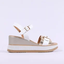 Women Repo Buckle Detail Wedge Sandal - White Gold
