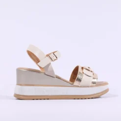 Women Repo Buckle Detail Wedge Sandal - Cream Gold