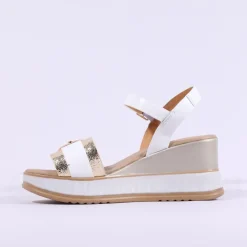 Women Repo Buckle Detail Wedge Sandal - White Gold