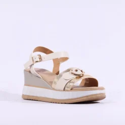 Women Repo Buckle Detail Wedge Sandal - Cream Gold