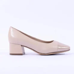 Women Caprice Nina Toe Cap Block Heel Court - Beige Leather
