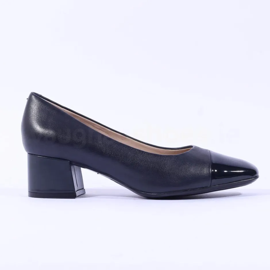 Women Caprice Nina Toe Cap Block Heel Court - Navy Leather