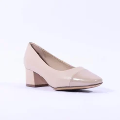 Women Caprice Nina Toe Cap Block Heel Court - Beige Leather