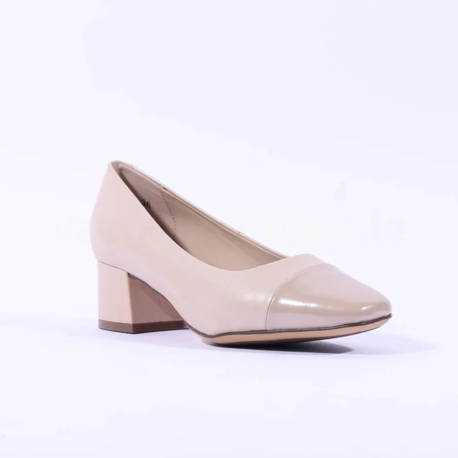Women Caprice Nina Toe Cap Block Heel Court - Beige Leather