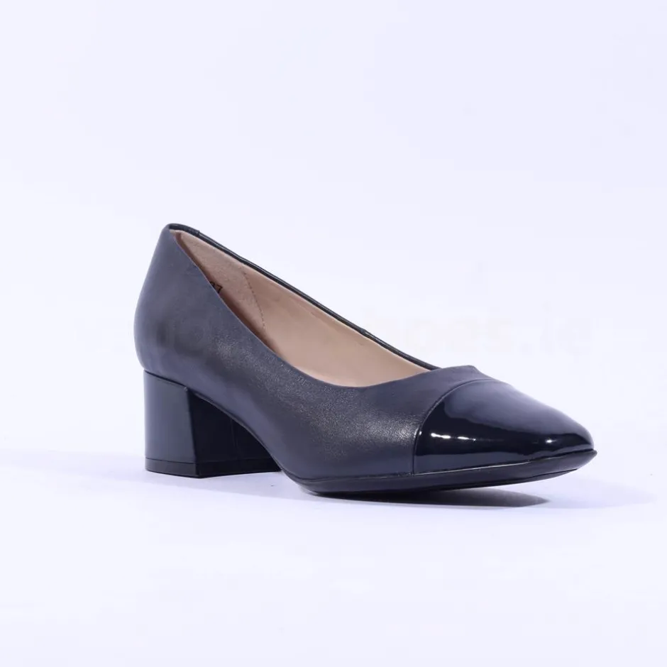 Women Caprice Nina Toe Cap Block Heel Court - Navy Leather