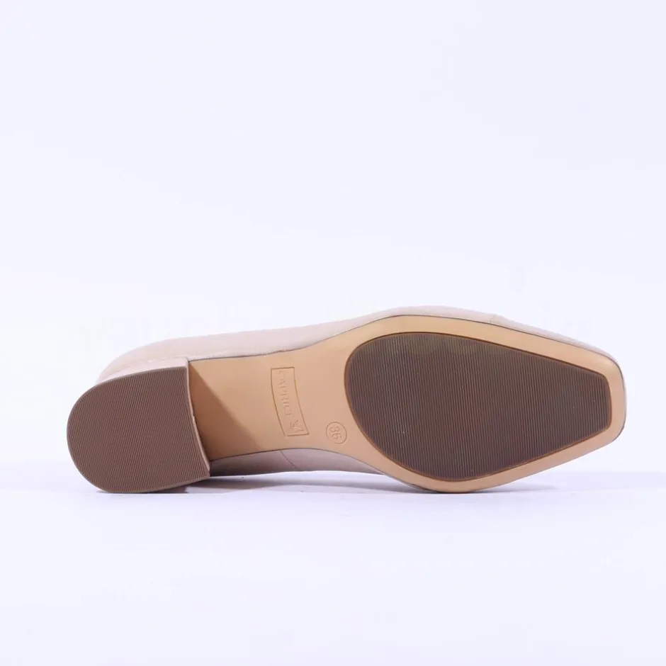 Women Caprice Nina Toe Cap Block Heel Court - Beige Leather