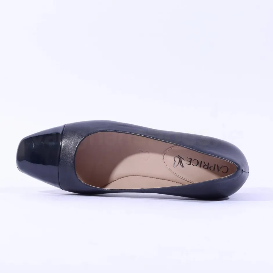 Women Caprice Nina Toe Cap Block Heel Court - Navy Leather
