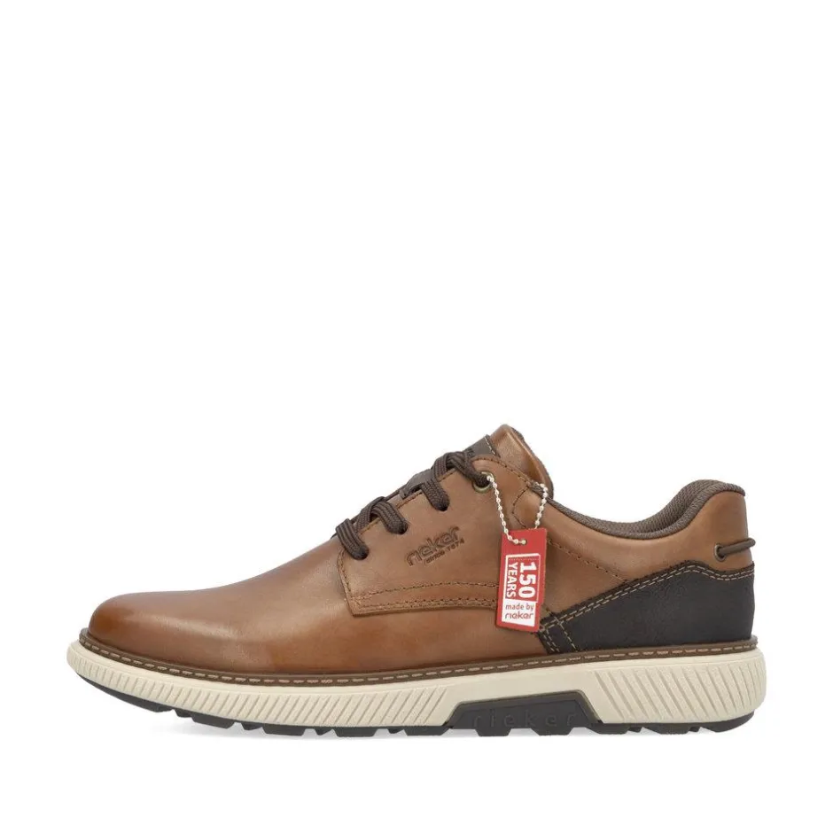 Rieker Men Casual Laced Plain Toe Shoe - Brown Leather