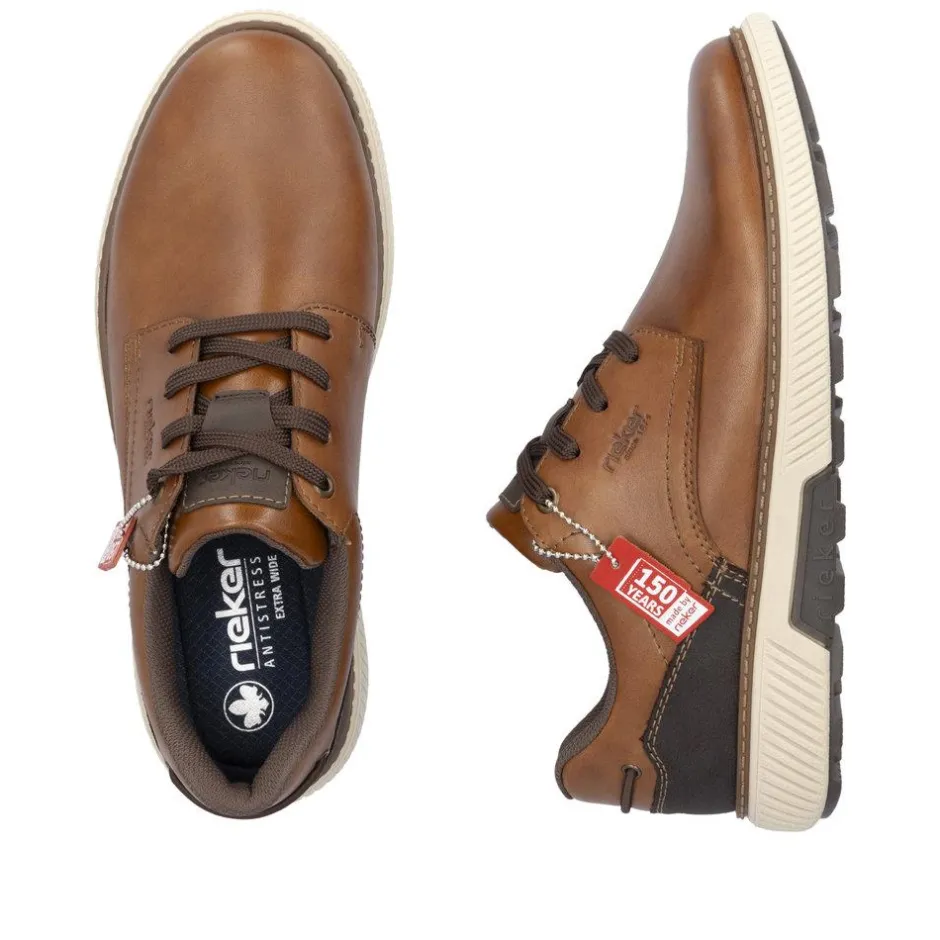 Rieker Men Casual Laced Plain Toe Shoe - Brown Leather